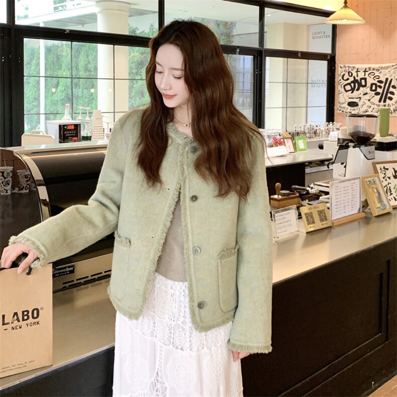 小香风绿色双面呢短外套女秋冬2025超火好看高级小众加厚夹克上衣，女装羊绒大衣，2C056