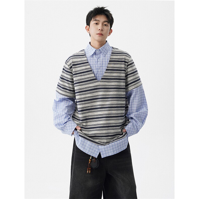 S-3XL小众设计感条纹翻领拼接假两件POLO衫长袖情侣装CX3005P68，男装衬衫，电商D206-1
