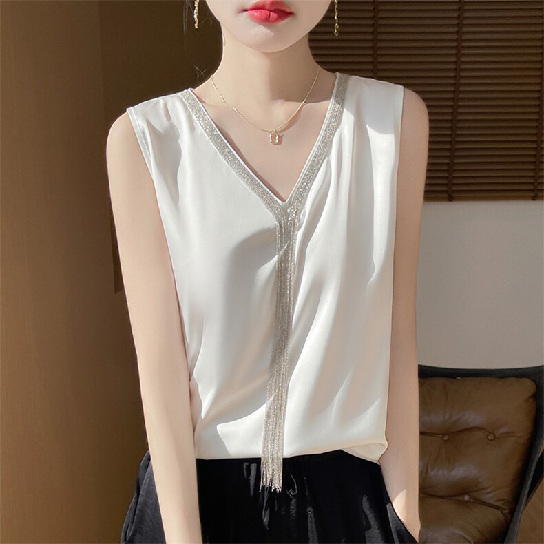 2025新款真丝吊带背心女V领无袖内搭洋气T恤上衣缎面叠穿气质衬衣，女装背心吊带，羊特美羊绒