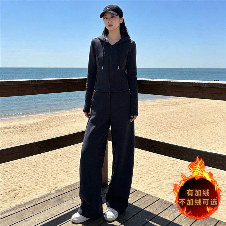 重工减龄时尚套装女秋季款设计感娃娃领双头拉链上衣阔腿裤两件套,女装套装/套裙,2C310