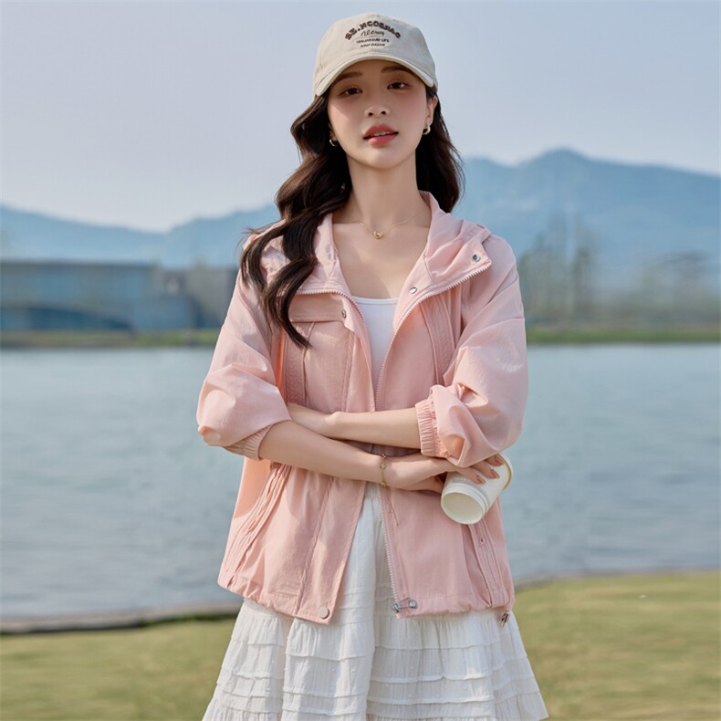 粉色时尚连帽防晒衣女2025夏季新款休闲百搭透气轻薄款防晒服外套,女装防晒衣,悦祺