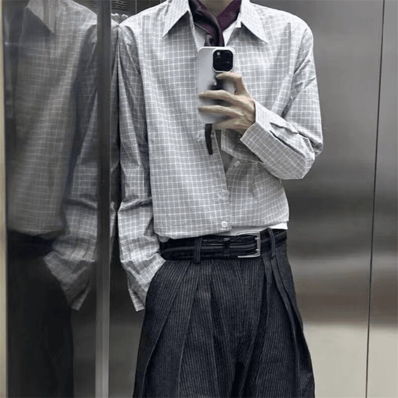 美式潮牌高街复古细格子日系肌理感长袖衬衫外套男女休闲宽松衬衣,男装衬衫,电商A443