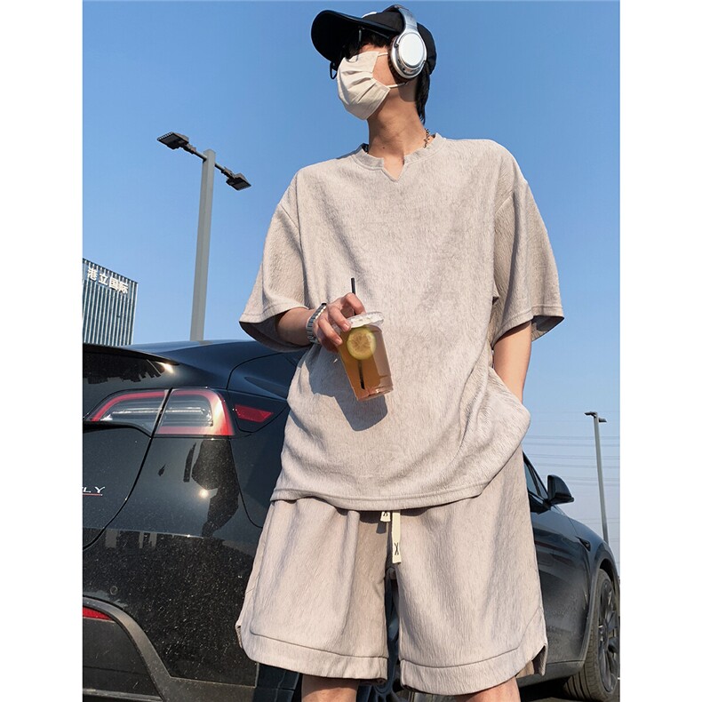 2026夏V领短袖冰丝T恤套装大码男纹理提花半袖TZ5677/特P45灰3,男装T恤,电商A094