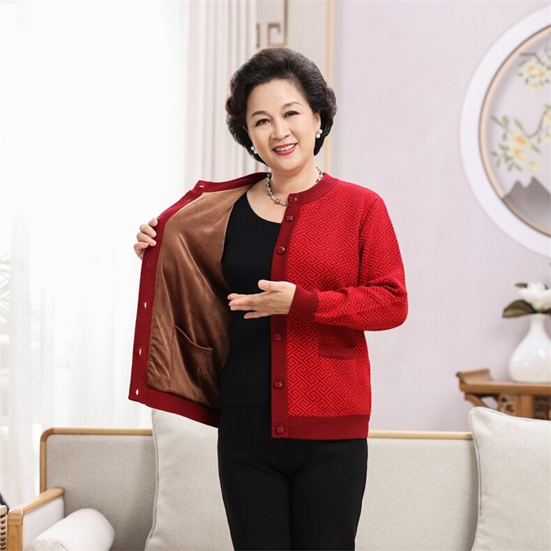 中老年女装羊毛外套秋冬保暖舒适优雅长袖开衫弹力袖口设计百搭,女装中老年女装,思涛羊绒