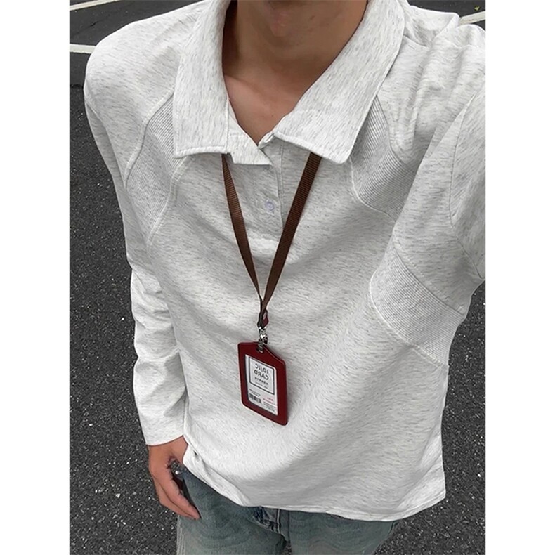 抖音得物高品质美式高街重磅曼巴棉结构螺纹拼接翻领卫衣长袖T恤,男装T恤,电商A486