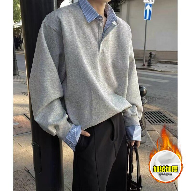 重磅加绒硬挺boxy男女美式高街假两件衬衫领长袖卫衣POLO领打底衫图片