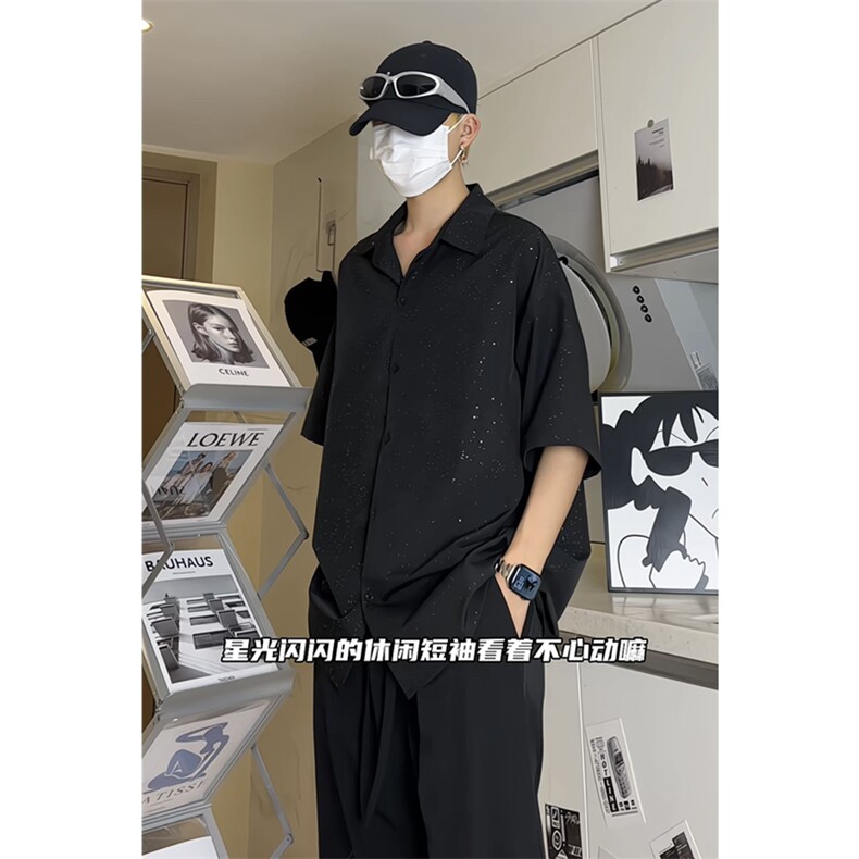 男模切片满天星空衬衫夏季宽松五分袖痞帅衬衣X1213-C2318-特P35,男装T恤,星座1213