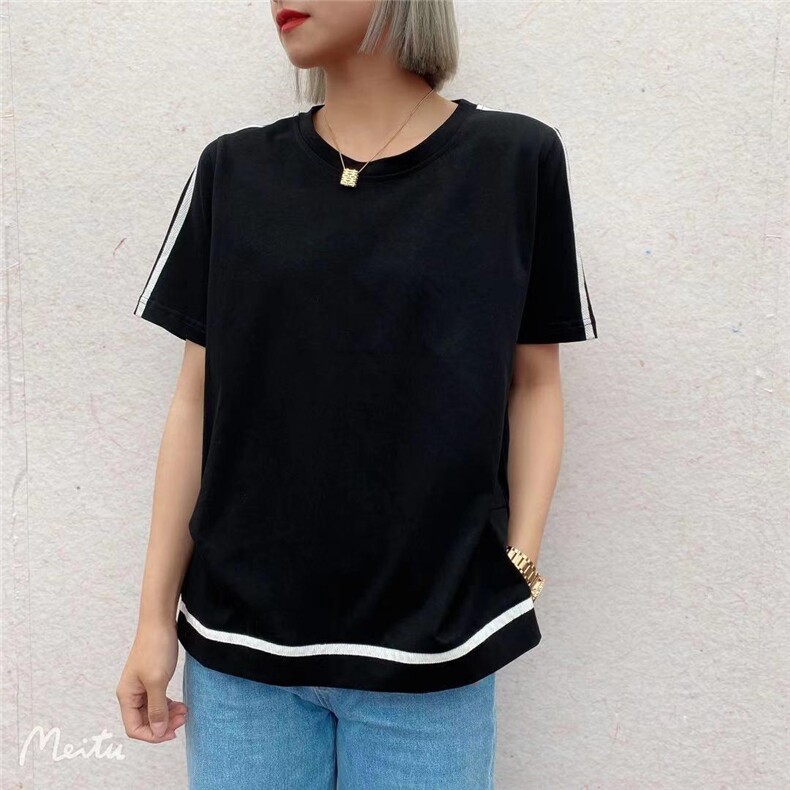 夏季新款休闲拼条T恤，女装T恤，那简