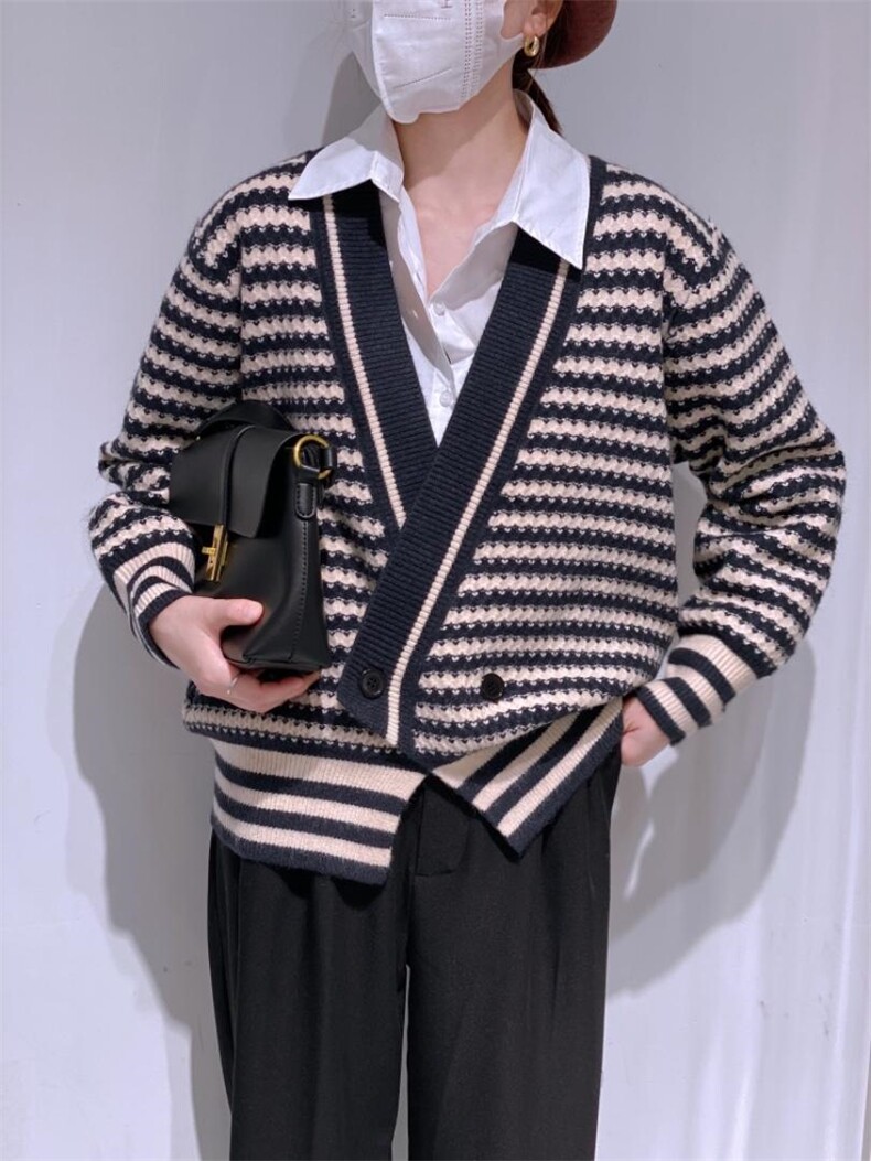 条纹毛衣开衫，女装针织衫/毛衣，驿谷