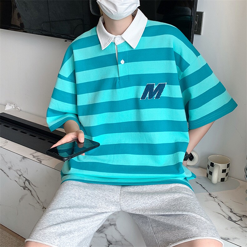 条纹POLO衫男士短袖t恤夏季宽松百搭时尚情侣翻领半袖T0960-P30,男装T恤,星座308B-1