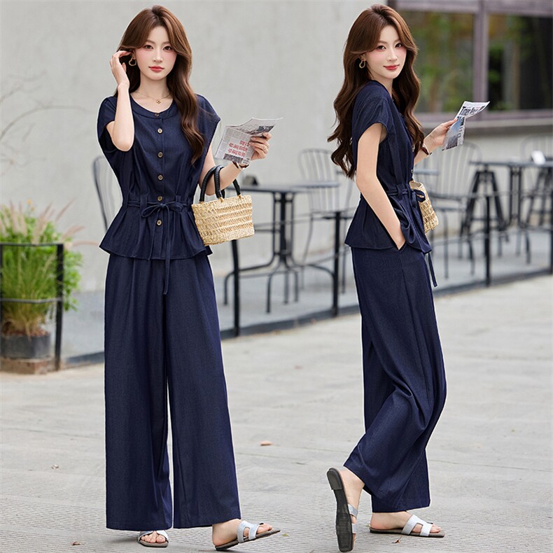 2026年夏季新款薄款牛仔套装女休闲气质收腰短袖阔腿裤两件套，女装套装/套裙，婷轩阁