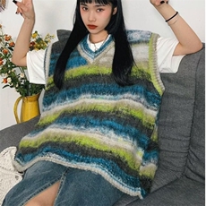 789-P50小众慵懒风复古撞色条纹无袖针织衫马甲男女春秋宽松，男装针织衫/毛衣，电商B323A