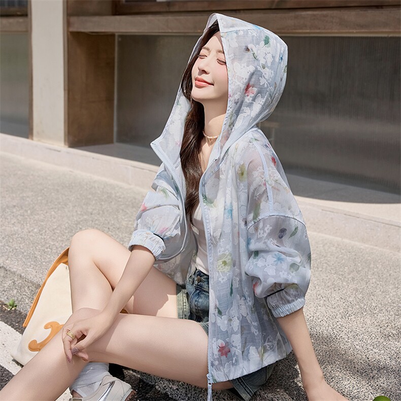 韩版刺绣连帽蕾丝防晒衣女2025春夏新款甜美小个子轻薄洋气短外套,女装短外套,深水步