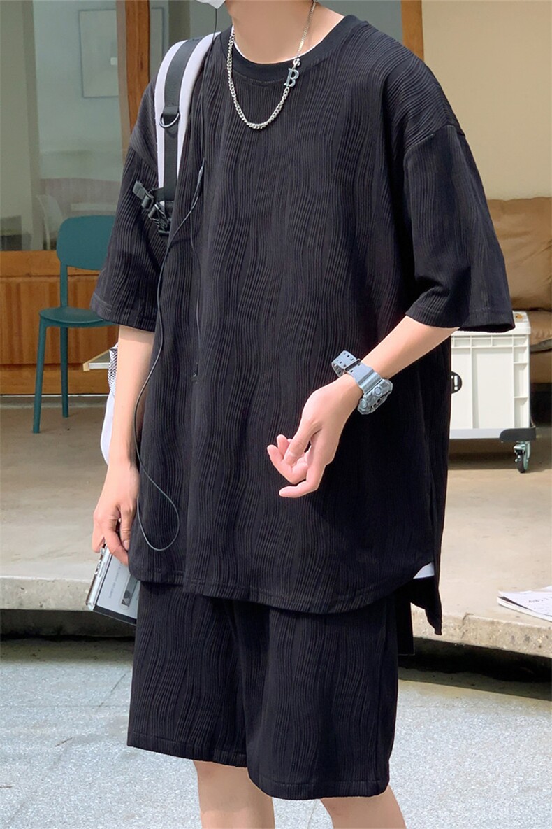 TZ65859/P65高品质波浪冰丝垂感T恤短裤套装男宽松大码两件套控98图片
