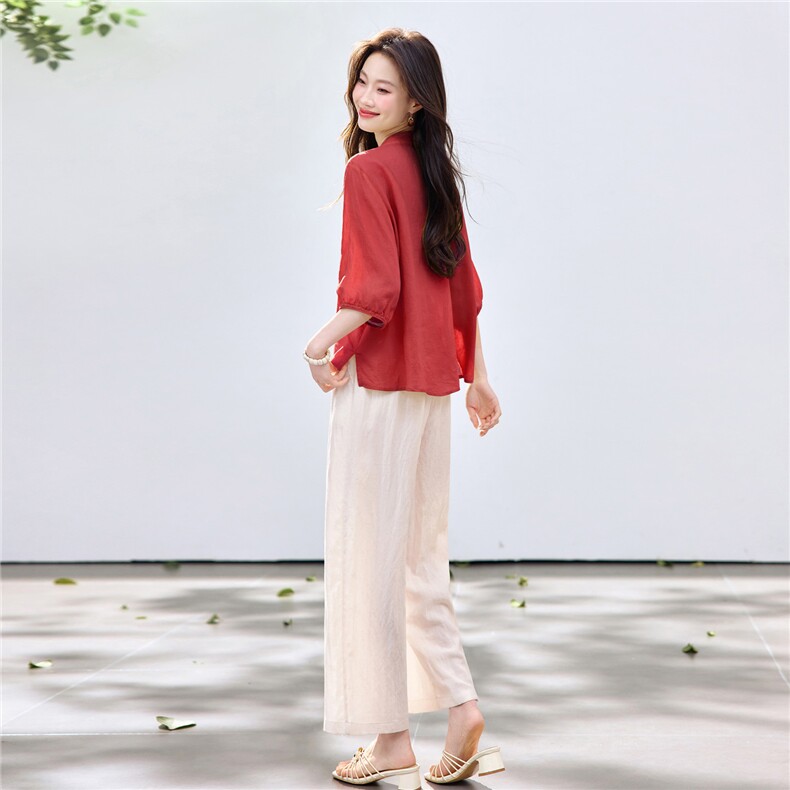 长期现货2026夏季新款天丝苎麻刺绣衬衫T恤中年阔腿裤两件套装女,女装套装/套裙,璐依舞