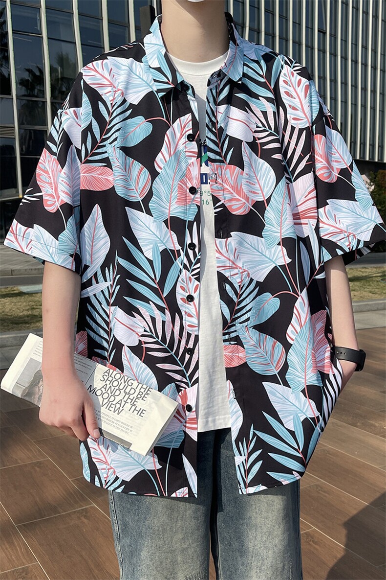 潮流休闲新款大码花男短袖夏季痞宽松上衣外套翻领衬衫/824P35,男装衬衫,电商A012