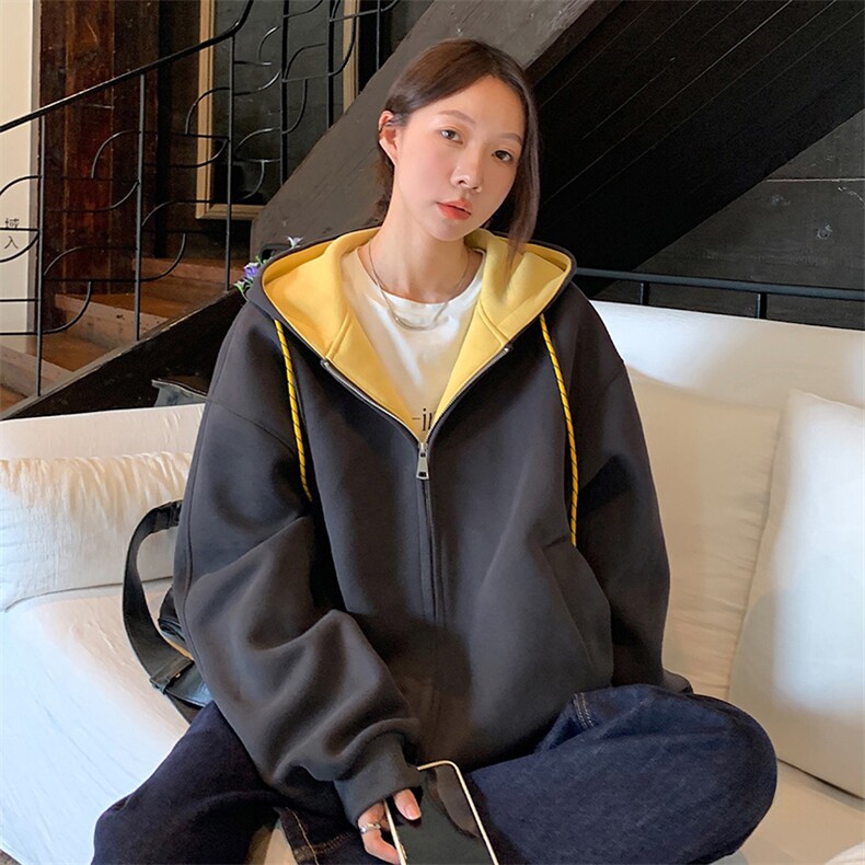 抖音得物二开美式高街重磅结构双层撞色连帽卫衣开衫外套W116，女装短外套，电商A486-1