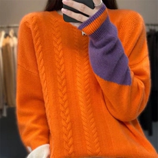拼色高级感时尚圆领百搭针织毛衣2024年秋季，女装针织衫/毛衣，萱芳婷羊绒