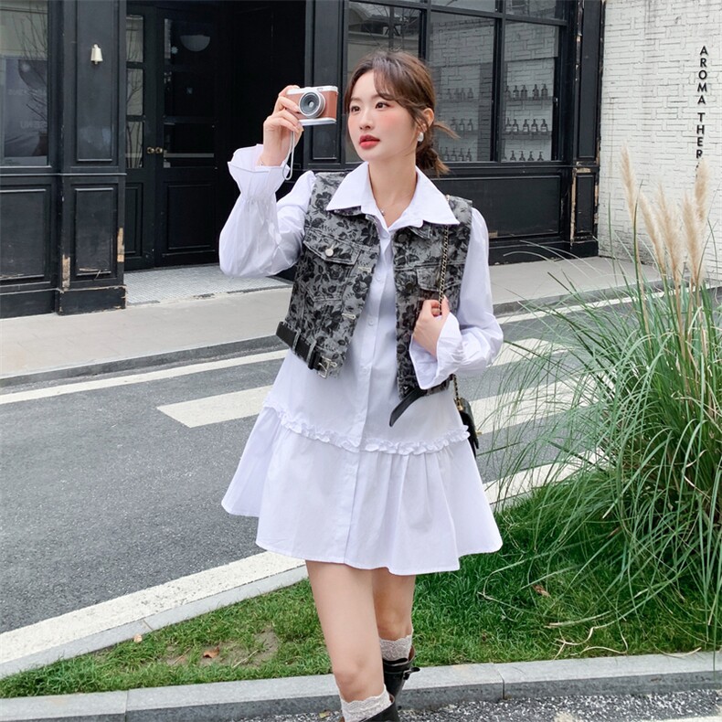 【】翻领木耳边时尚连衣裙+复古马甲套装2D148-2627-P170K278,女装套装/套裙,2D148