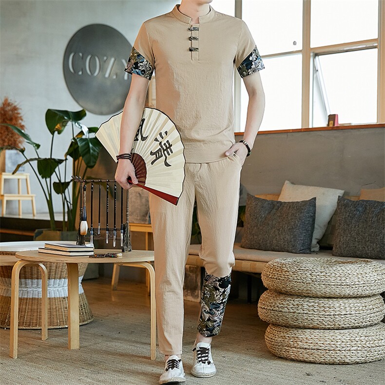 中国风套装男2021夏季新款古风汉服宽松唐装两件套A438-999-P60,男装休闲套装,电商A438