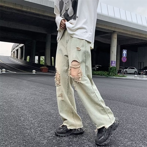 破洞牛仔裤男美式高街复古高腰宽松直筒阔腿裤子K768-P42图片