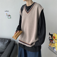 秋装毛衣针织马甲男秋冬v领学院风宽松休闲情侣无袖背心W09/P55，男装背心/马甲，钱塘713