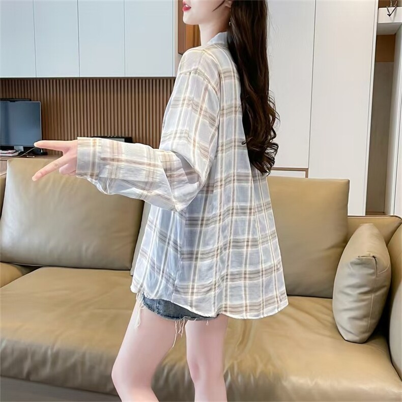 美式浅蓝色防晒格子衬衫外套女夏季小个子薄款衬衣女款开衫上衣,男装防晒衣,星座1210-1