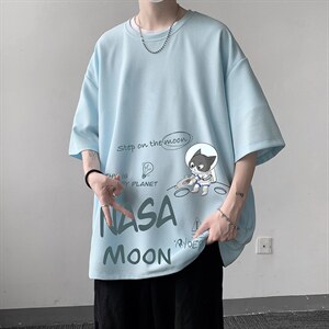 HT73187-P22 NASA 联名同款华夫格t恤男短袖男大码五分袖 大皂风图片