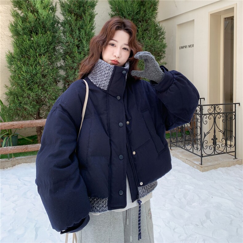 藏青色针织拼接短款羽绒服女2025冬新款设计感小个子90白鸭绒外套,女装羽绒服,辉之琳