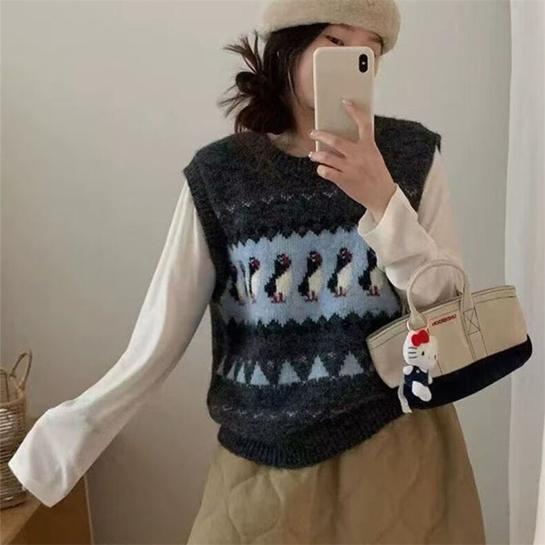 女士企鹅刺绣背心长袖2025年秋季,女装羊毛衫,萱芳婷羊绒