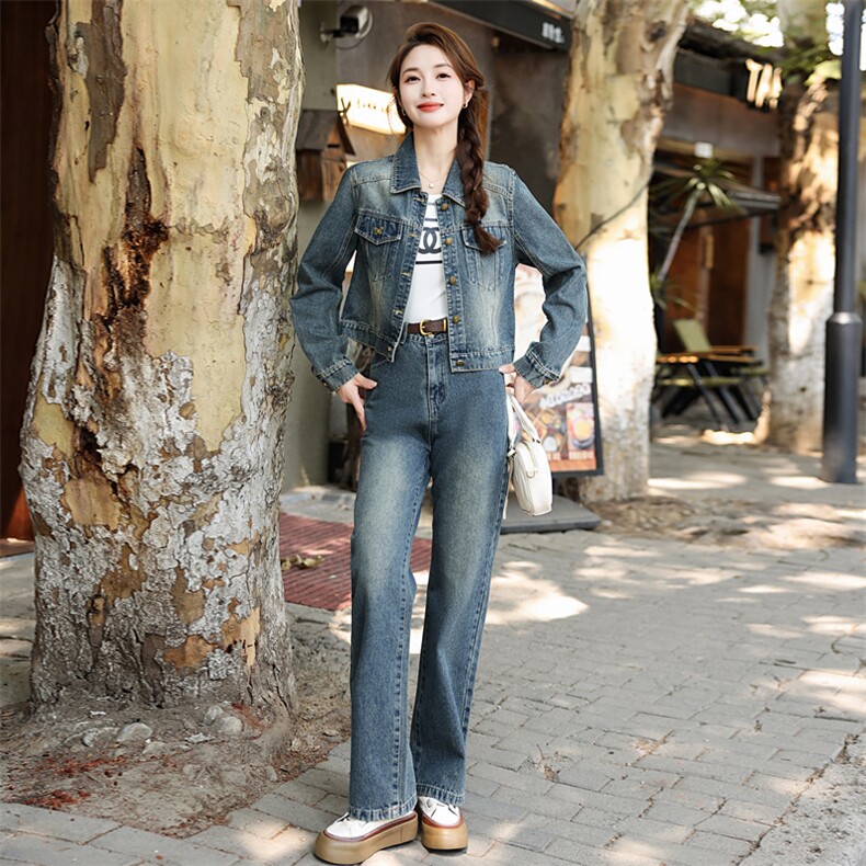 牛仔套装女2025新款春季时尚洋气减龄小个子短款外套裤子两件套潮,女装套装/套裙,意芙