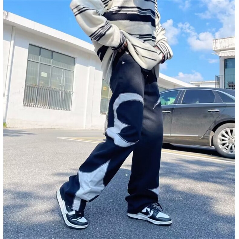 美式高街潮牌拼皮刺绣水洗牛仔裤男潮流宽松阔腿休闲裤KB95-P68，男装皮裤，星座1109-3