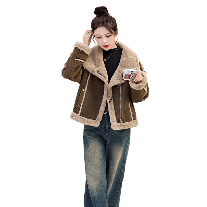 咖色加绒保暖皮毛一体外套女2024冬季新款宽松机车服加厚保暖棉服,女装棉衣/棉服,奕可儿