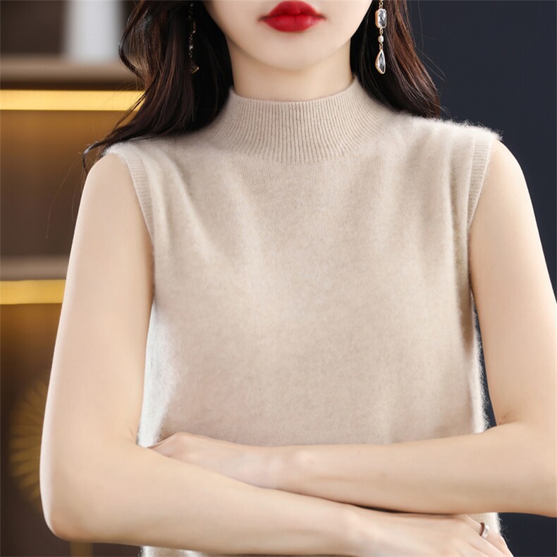 秋季新无袖女半高领吊带打底衫女纯色西装内搭羊毛针织衫套头背心,女装背心吊带,昭美羊绒