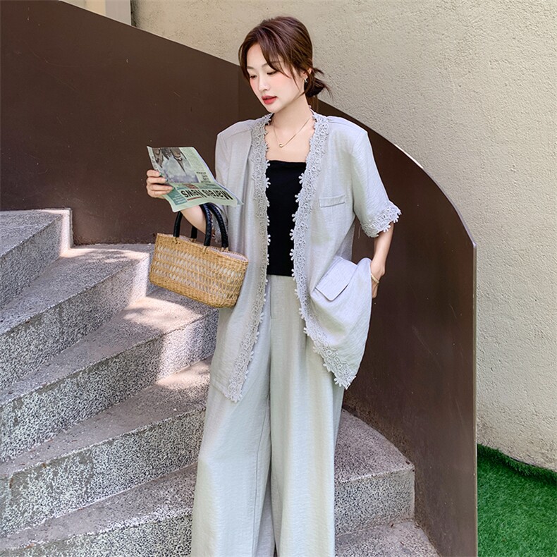 韩系蕾丝花边拼接短袖外套阔腿裤两件套女夏季新款时尚休闲套装潮,女装套装/套裙,2C255