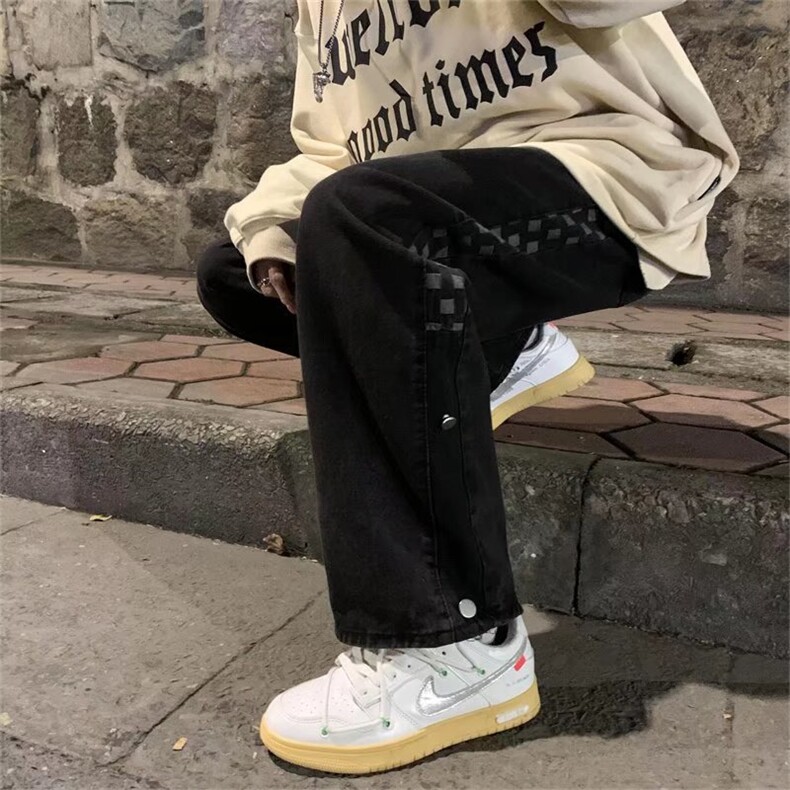 格子直筒牛仔裤男新款痞帅裤子潮流百搭ins港风高街长裤NK8500-45,男装牛仔裤,星座1008