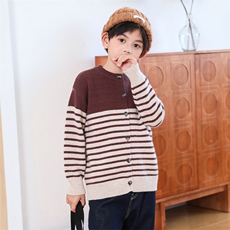 时尚儿童半条纹针织开衫男童女童简约休闲秋冬保暖毛衣外套，童装毛衣，越洋羊