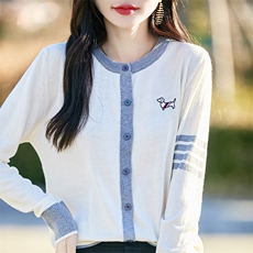 拼色精纺羊毛开衫女圆领拼色刺绣小狗针织衫毛衣外套宽松外搭上衣，女装针织衫/毛衣，佰米娇羊绒