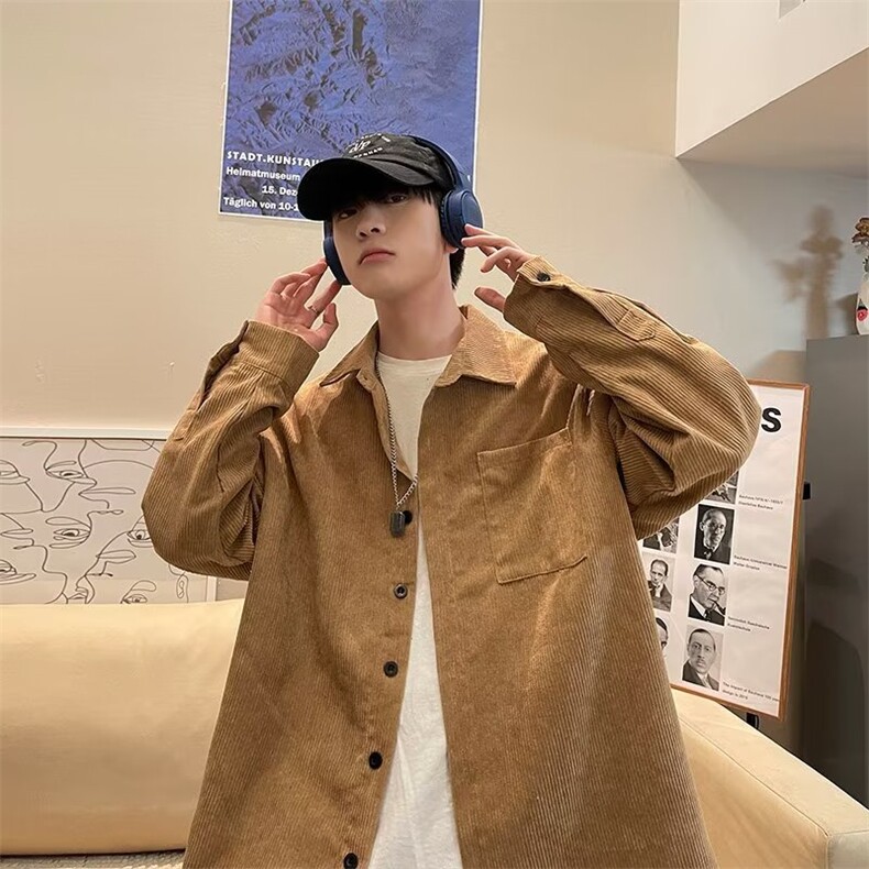 古着vintage咖啡色灯芯绒衬衫男长袖青少年男装2024秋季新款外套,男装衬衫,星座601-2