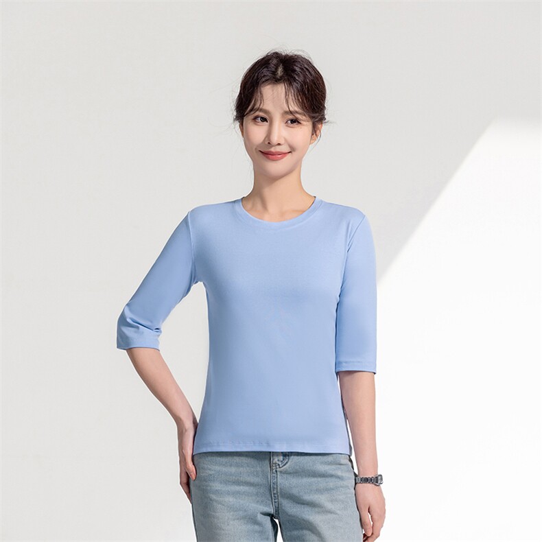 百搭打底纯色慵懒随性丝光棉七分袖T恤，女装T恤，元素羊绒