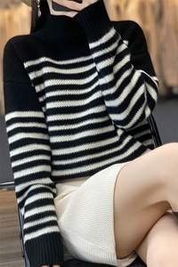 韩版时尚慵懒100%羊毛衫女半高领黑白条纹长袖宽松羊绒衫打底毛衣图片