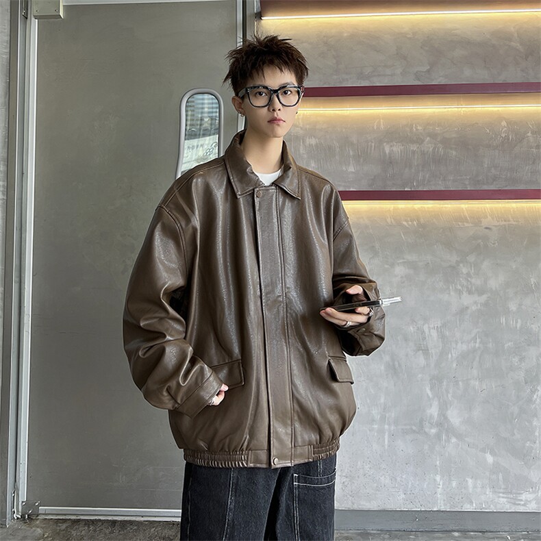 美式复古PU皮衣秋季潮牌翻领机车服痞帅工装皮衣,男装皮衣,星座410-7