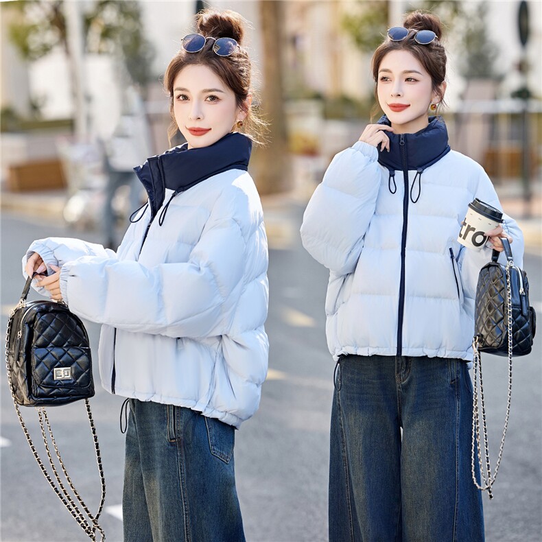 新款韩版2025年冬季撞色立领短款羽绒服，女装羽绒服，鑫鑫美