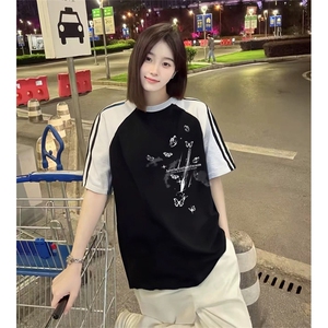 抖音得物品质二开240克宽松纯棉美式潮牌插肩三杠织带短袖T恤图片