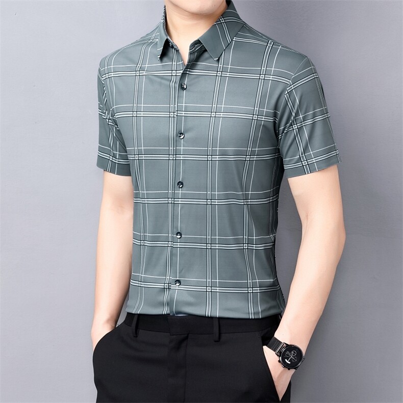 短袖衬衫男夏季新款条纹格子免烫寸衫中年薄款商务休闲上衣服P83,男装衬衫,钱塘6003A(原)4033A