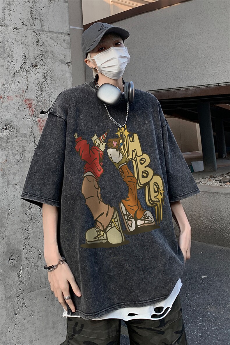 B239-1169-P38卡通人物创意印花美式复古水洗做旧重磅短袖T恤,男装T恤,星座514-2(原B239)