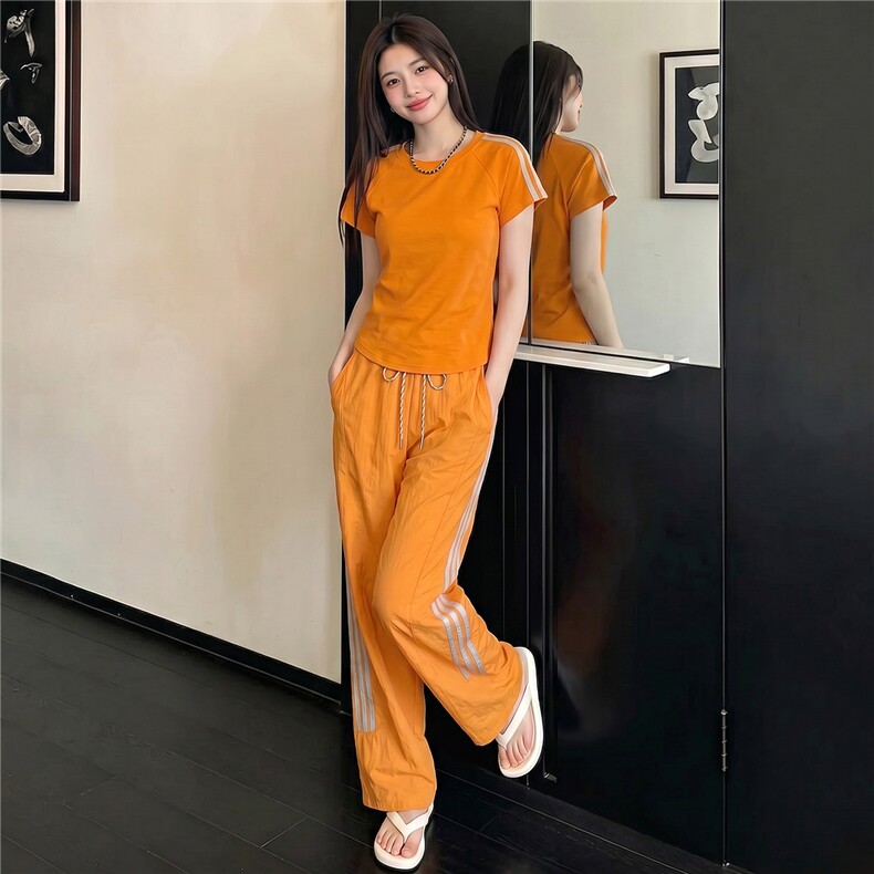 女夏季新款时尚休闲运动套装圆领短袖上衣竖纹拼接阔腿长裤两件套,女装套装/套裙,江南