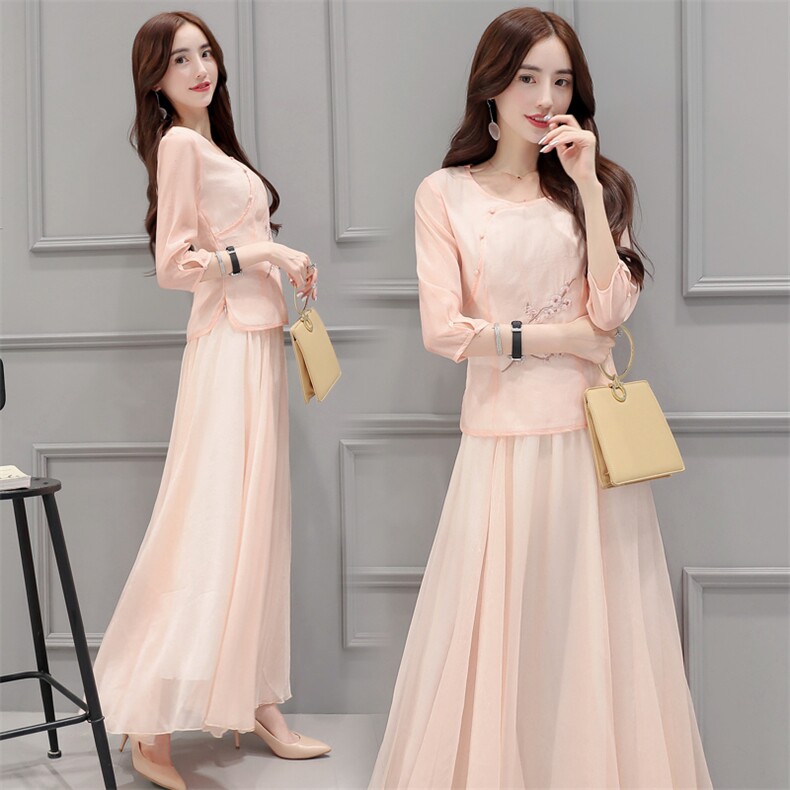 新中式国风刺绣改良衬衫女设计感汉服小衫温婉气质网纱半身裙，女装连衣裙，芷墨服饰