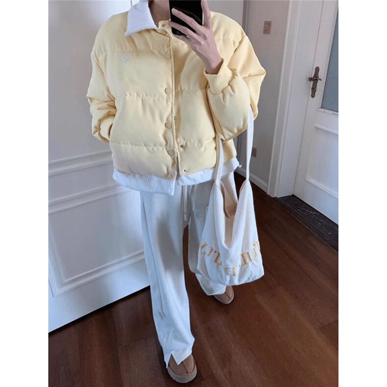 新款韩系温柔奶黄色撞色假两件翻领棉服女2025秋冬宽松面包服棉衣,男装棉衣,星座1210-1