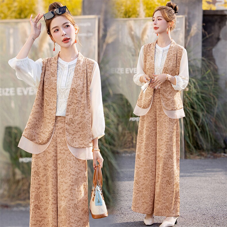 新中式国风绣花v领坎肩马甲半身裙套装2024年秋冬季新款复古女装，女装套装/套裙，利佳可人